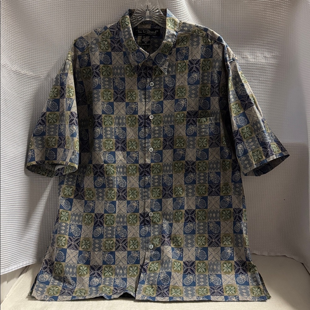 Tori Richard Hawaiian Aloha Shirt Cotton Blend Tapa Pineapple Print Rare Sz XL